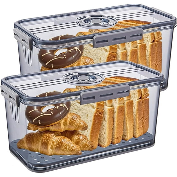 Bread Box for Kitchen Countertop, Airtight Bread Container with Lid, Time Recording Dial, and Draining Board, Bread Storage for made Bread, Toast, Cookies (2 Grey)