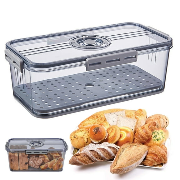 Bread Box for Kitchen Countertop, Airtight Loaf Bread Storage Container, Time Recording Bread Keeper with Lid, Bread Holder Bin for Homemade Bread, Bun, Bagel, Loaf-grey