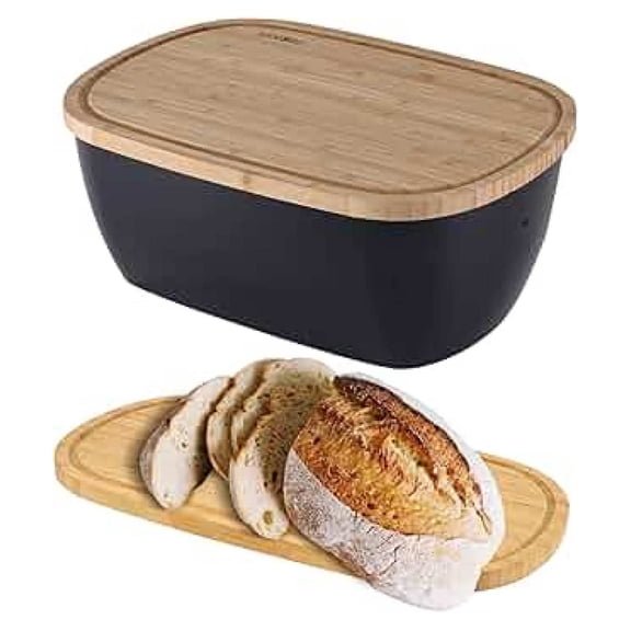 Bread Box for Kitchen Countertop - Bamboo Fiber Bread Keeper with Cutting Board Lid, Black - Ventilated Bread Storage Bin for Freshness, Multi-Functional Kitchen Organizer (14.2x7.8x5.5In)