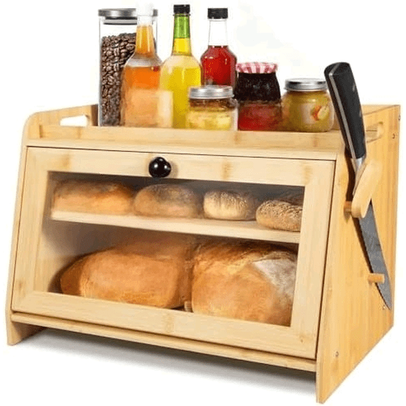 Bread Box for Kitchen Countertop, Bamboo Sourdough Storage with Cutting Board for Homemade Bread, Multi-Functional Container with Window, Wall-Mountable to Save Space, FSC-Certified