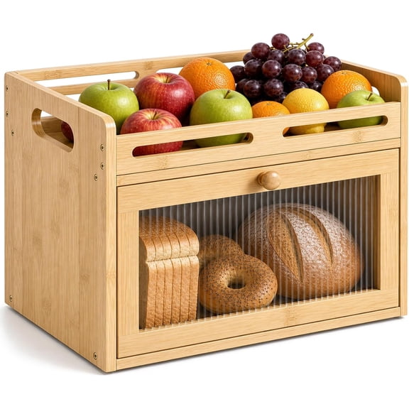 Bread Box for Kitchen Countertop, Bamboo Storage Container with Raised-Rail Top Shelf and Acrylic Window, Farmhouse Breadbox Organizer Pantry, Fruit, Spices
