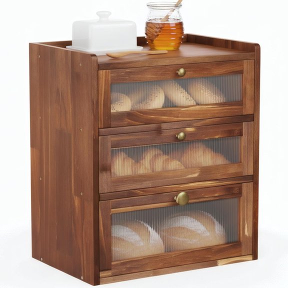 Bread Box for Kitchen Countertop, Bin 3 Layer Bread Storage Container, Wooden Breadbox Holder, Large Capacity Food Organizer, Vintage Multi-functional Container, Pantry Shelf with Acrylic Window