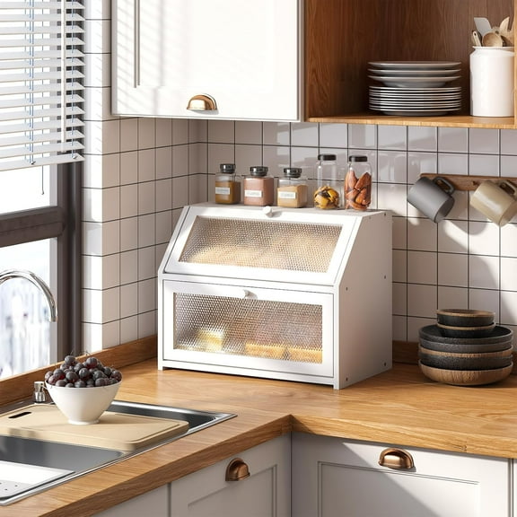 Bread Box for Kitchen Countertop Bin Double Layer Bread Box Storage Container Extra Large Capacity Farmhouse with Diamond Pattern Windows (White, Large)