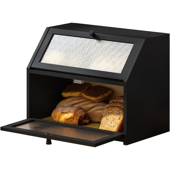 Bread Box for Kitchen Countertop Bin Double Layer Bread Box Storage Container Extra Large Capacity Farmhouse with Diamond Pattern Windows (Black, Large)