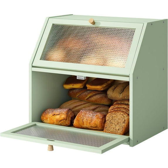 Bread Box for Kitchen Countertop Bin Double Layer Bread Box Storage Container Extra Large Capacity Farmhouse with Diamond Pattern Windows (Green, Extra Large)