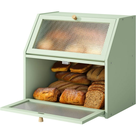 Bread Box for Kitchen Countertop Bin Double Layer Bread Box Storage Container Extra Large Capacity Farmhouse with Diamond Pattern Windows (Green, Extra Large)