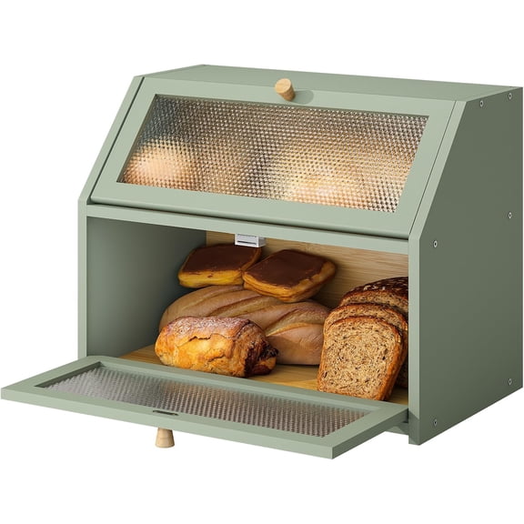 Bread Box for Kitchen Countertop Bin Double Layer Bread Box Storage Container Extra Large Capacity Farmhouse with Diamond Pattern Windows (Green, Large)