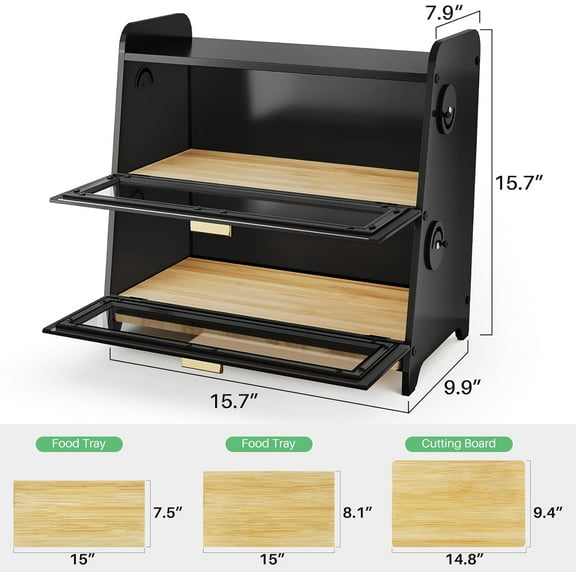 Bread Box - Kitchen Countertop Bread Storage Container with Bamboo Cutting Board, Adjustable Vent Hole Dials, Black