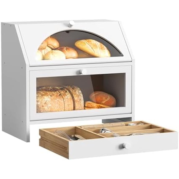 Bread Box for Kitchen Countertop Corner Bread Box Bamboo Extra Large Double Layer Bread Storage Bin with Silverware Drawer Organizer (Transparent Door)