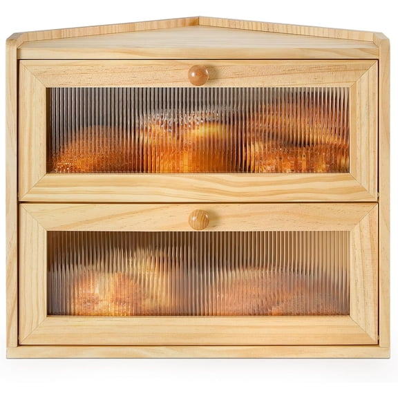 Bread Box for Kitchen Countertop Corner Large Wooden Bread Bin 2 Tier Rustic Food Storage Container with Acrylic Window Farmhouse Keeper Shelf Organizer for Loaves Pastries & Snacks (Yellow)