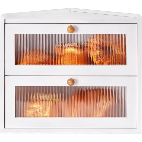 Bread Box for Kitchen Countertop Corner Large Wooden Bread Bin 2 Tier Rustic Food Storage Container with Acrylic Window Farmhouse Keeper Shelf Organizer for Loaves Pastries & Snacks (White)
