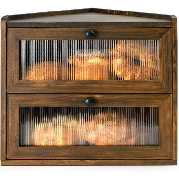 Bread Box for Kitchen Countertop Corner Large Wooden Bread Bin 2 Tier Rustic Food Storage Container with Acrylic Window Farmhouse Keeper Shelf Organizer for Loaves Pastries & Snacks (Brown)
