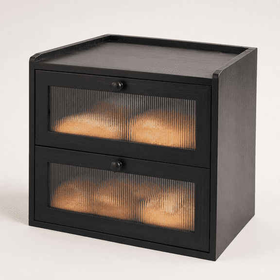 Bread Box for Kitchen Countertop Corner Large Wooden Bread Bin 2 Tier Rustic Food Storage Container with Acrylic Window Farmhouse Keeper Shelf Organizer for Loaves Pastries & Snacks (Black)