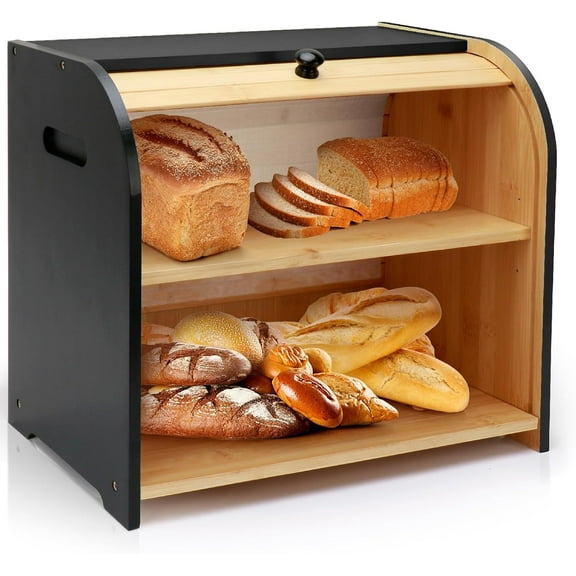 Bread Box for Kitchen Countertop, Double Layer Bamboo Bread Storage Container for Homemade Bread, Roll Top Bread Box with 3 Adjustable Height for Kitchen Counter, Black Breadbox Organizer
