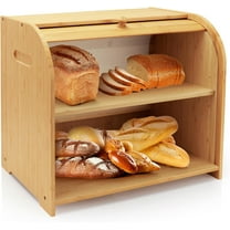 Bread Box for Kitchen Countertop, Double Layer Bamboo Bread Storage Container for Homemade Bread, Roll Top Bread Box with 3 Adjustable Height for Kitchen Counter, Natural Breadbox Organizer