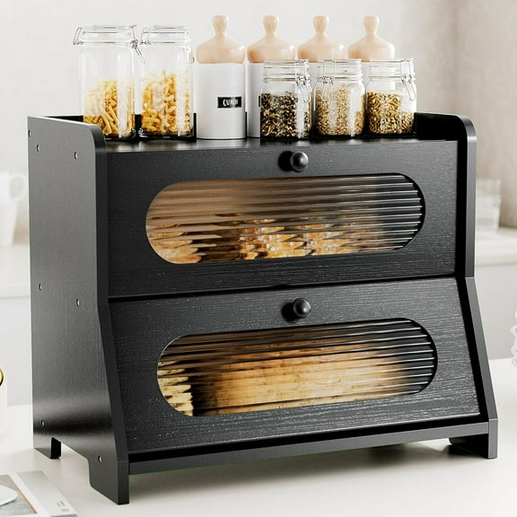 Bread Box for Kitchen Countertop,Double Layer Large Capacity Bamboo Bread Storage Container with Acrylic Wavy Door Panel for Kitchen Counter,Cabinet,Pantry(Black)