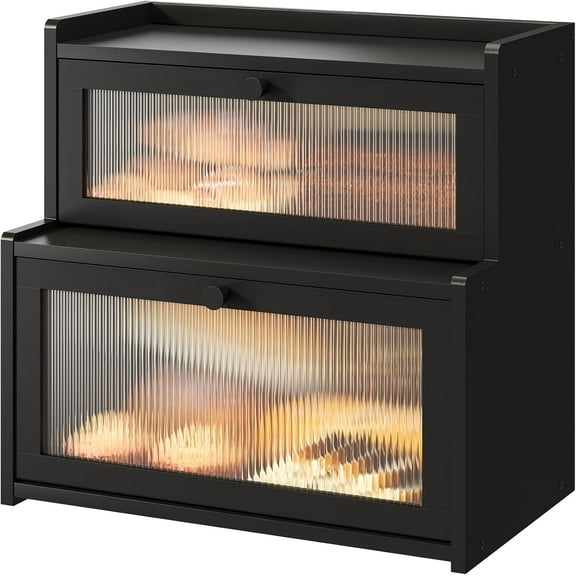 Bread Box for Kitchen Countertop Double Layer Large Corner Bread Box Capacity Bread Storage Bin Farmhouse Breadbox Container Organizer Cabinet Cupboard Black