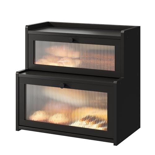 Bread Box for Kitchen Countertop Double Layer Large Corner Bread Box Capacity Bread Storage Bin Farmhouse Breadbox Container Organizer Cabinet Cupboard Black