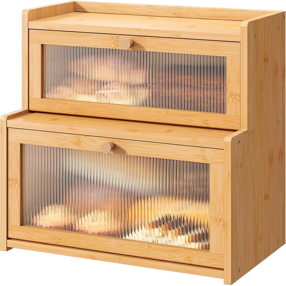 Bread Box for Kitchen Countertop Double Layer Large Corner Bread Box Capacity Bread Storage Bin Farmhouse Breadbox Container Organizer Cabinet Cupboard Nature