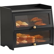 Bread Box for Kitchen Countertop, Double Layer Pine Breadbox | 2 tier Storage, Door, Top Display Shelf, Pantry Organizers and Storage for Loaves, Easy Assembly