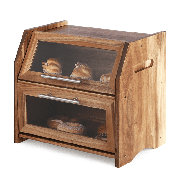Bread Box for Kitchen Countertop, Double Layer Wooden Corner Bread Storage Container, Farmhouse Bread Box, See-Through Acrylic Doors and Ventilation Design, for Homemade Bread, Bagels, Muffins