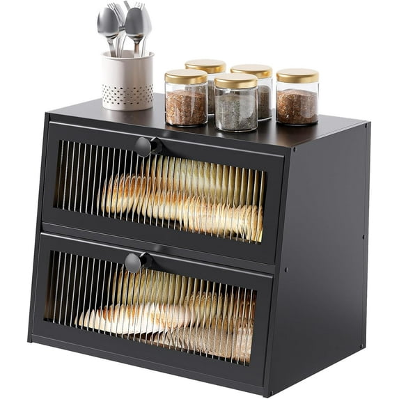 Bread Box for Kitchen Countertop,Extra Large 2 Layer Breadbox Wooden Farmhouse Bread Storage Container Bread Bin Bread Holder Food Organizer Pantry Shelf Acrylic Window(Black)