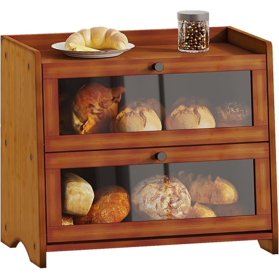 Bread Box for Kitchen Countertop, Extra Large Bamboo Bread Storage Container for Homemade Bread, Double Layer Sourdough Breadox, Bread Bin Organizer for Counter Cabinet Pantry, Brown