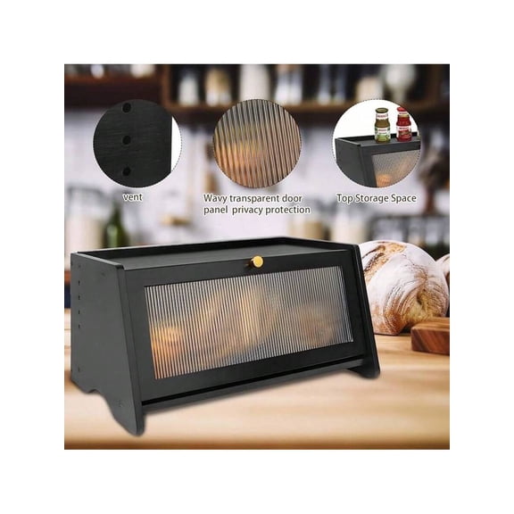 Bread Box for Kitchen Countertop, Large Black Bamboo Bread Bin with Viewing Window and Air Vents, Airtight Food Storage Container for Homemade Bread and Pastries, Large Capacity
