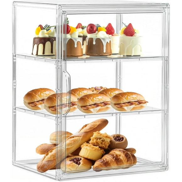 Bread Box for Kitchen Countertop Large Clear Acrylic Pastry Display Case with Adjustable 3 Tiers & Magnetic Door, Stackable Bread Storage Container for Bagels, Donuts, Cakes, Toast, Muffins