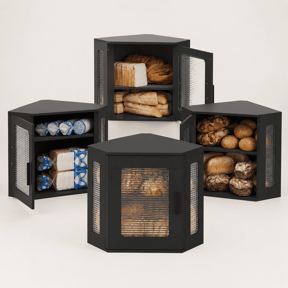Bread Box for Kitchen Countertop Large Corner Bread Loaf Storage Container Double Layer Wooden Bread Boxes Bin Farmhouse Pantry Shelf with Acrylic Window, Black