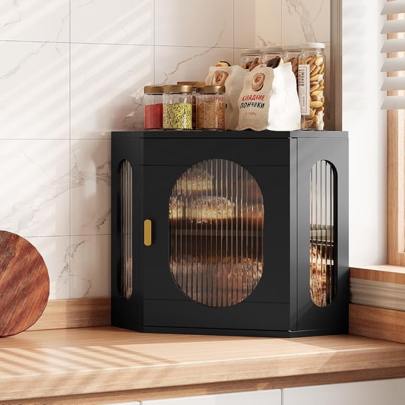 Bread Box for Kitchen Countertop Large Corner Bread Loaf Storage Container Double Layer Wooden Bread Boxes Bin Farmhouse Pantry Shelf with Acrylic Window, Black