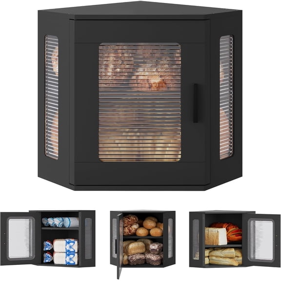 Bread Box for Kitchen Countertop Large Corner Bread Loaf Storage Container Double Layer Wooden Bread Boxes Bin Farmhouse Pantry Shelf with Window, Black