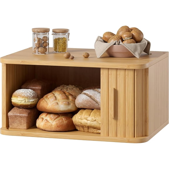 Bread Box for Kitchen Countertop, Large Roll Top Bread Boxes with Sliding Door, Airtight Bread Storage Container for Loaves, Pastries & Bagels, Bamboo Counter Organizer (Natural, Medium)