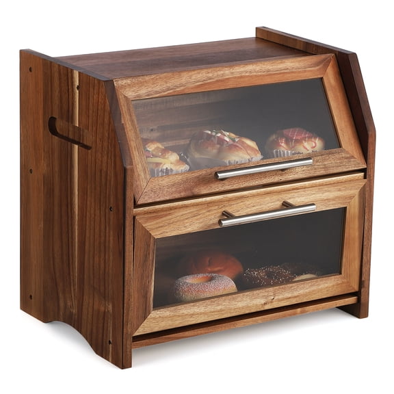 Bread Box for Kitchen Countertop, Large Wooden Breadbox 2 Layer Bread Storage Container Bin with Acrylic Window, Farmhouse Food Organizer for Kitchen Pantry