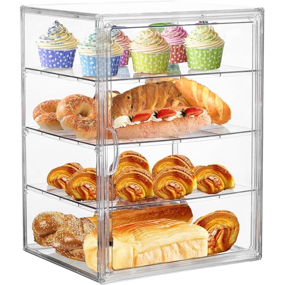 Bread Box for Kitchen Countertop Pastry Display Case 4 Layers Adjustable Clear Bread Storage Container with Magnetic Door Bread Box Bakery Display Case Bread Holder