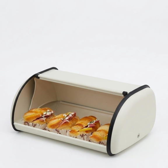 Bread Box for Kitchen Countertop, Stainless Steel Roll Top Storage Container for Bread Cookies Bagels Muffins, Large Bread Bin for Restaurant Home Kitchen Pantry, 13.8" x 9" x 5.9", Beige