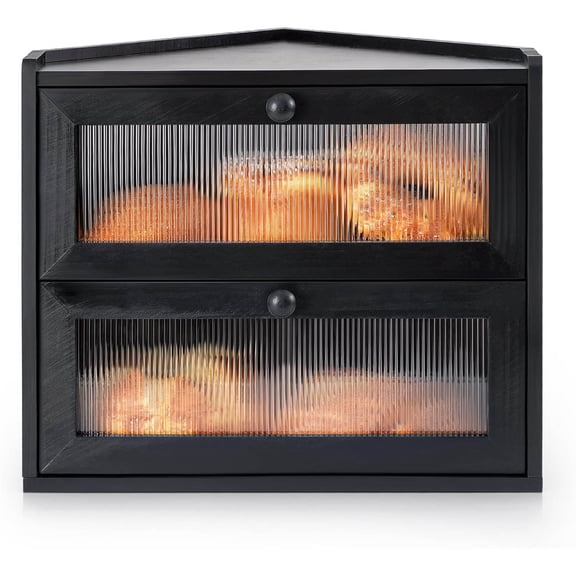 Bread Box for Kitchen Countertop Wooden Bread Bin 2 Tier Rustic Food Storage Container with Acrylic Window Farmhouse Keeper Shelf Organizer for Loaves Pastries & Snacks