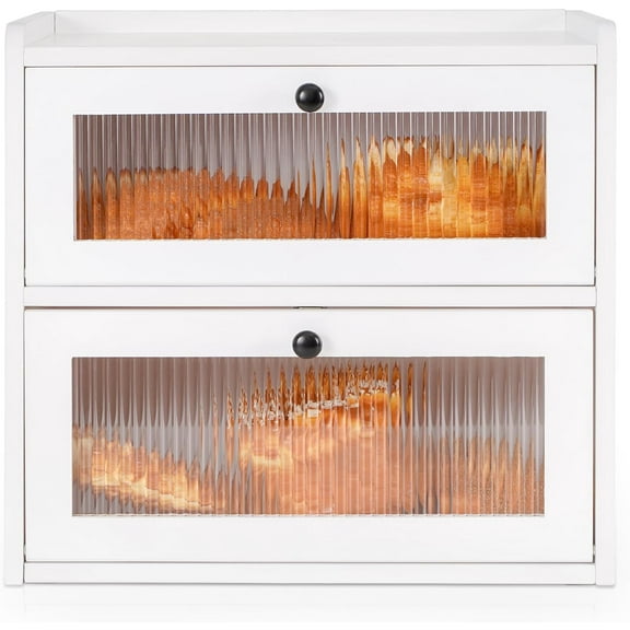 Bread Box for Kitchen Countertop Wooden Bread Storage Container Bin 2 Layer Breadbox Holder Large Capacity Keeper Vintage Farmhouse Food Organizer Pantry Shelf Acrylic Window (White)