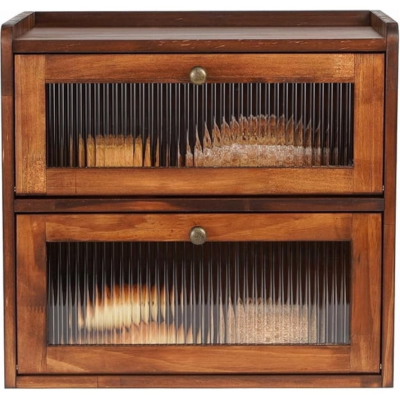 Bread Box for Kitchen Countertop Wooden Bread Storage Container Bin 2 Layer Breadbox Holder Large Capacity Keeper Vintage Farmhouse Food Organizer Pantry Shelf Acrylic Window (Brown)