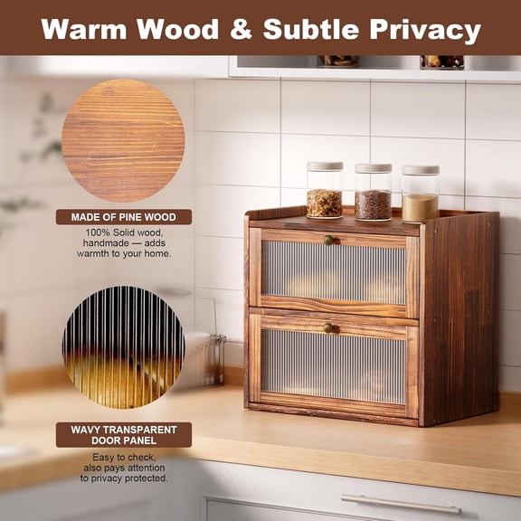 Bread Box for Kitchen Countertop Wooden Bread Storage Container Bin 2 Layer Corner Breadbox Large Capacity, Vintage Farmhouse Food Organizer Pantry Shelf with Window Brown Pine Wood