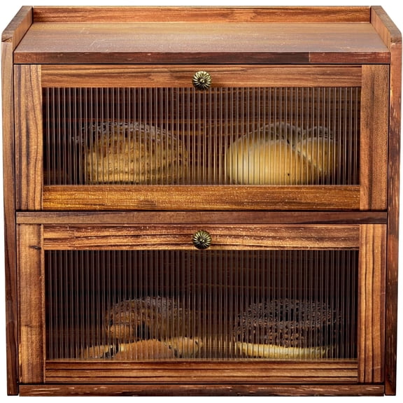 Bread Box for Kitchen Countertop Wooden Bread Storage Container Bin 2 Layer Corner Breadbox Large Capacity, Vintage Farmhouse Food Organizer Pantry Shelf with Window Brown Pine Wood