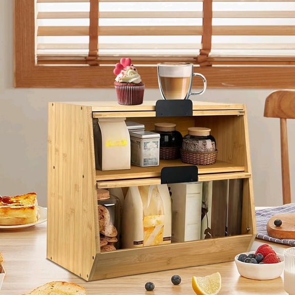 Bread Box for Kitchen Countertop, Wooden Bread Storage For Kitchen Organizers, Large Capacity With Window Homemade Bread Bin, Double Layer Corner Bread Box (1pcs)