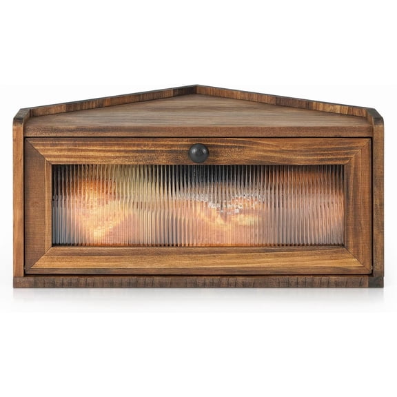 Bread Box for Kitchen Countertop Wooden Corner Breadbox Counter Food Storage Bin Container Farmhouse Rustic Homemade Bread Fresh Keeper Organizer Holder Vintage Stackable with Window (Brown)