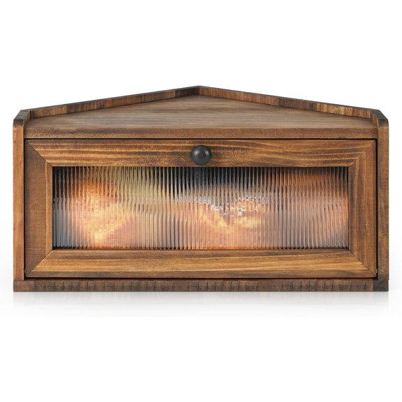 Bread Box for Kitchen Countertop Wooden Corner Breadbox Counter Storage Bin Container Farmhouse Rustic Homemade Bread Keeper Organizer Holder Stackable with Window (Brown)