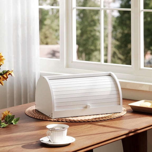 Bread Box,Large Capacity Roll-Top Bread Box for Kitchen Countertopwhite Bamboo Bread Storage Bin 826 Cubic, White
