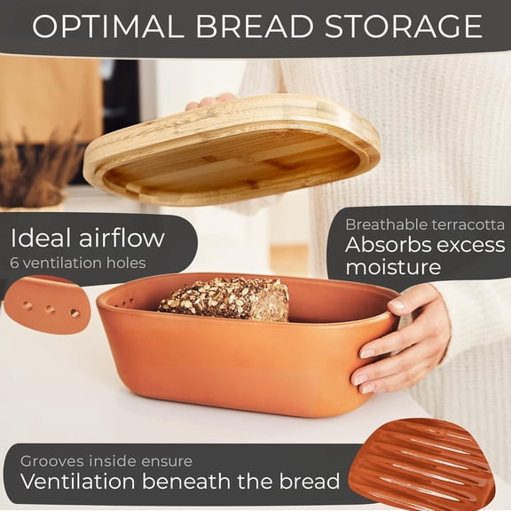 Bread Box Made from Breathable Terracotta (9.8x5.1x3.9 inches) - Keeps Bread Fresh Longer - Bread Box for Kitchen Countertop - Bread Storage for Homemade Sourdough Bread