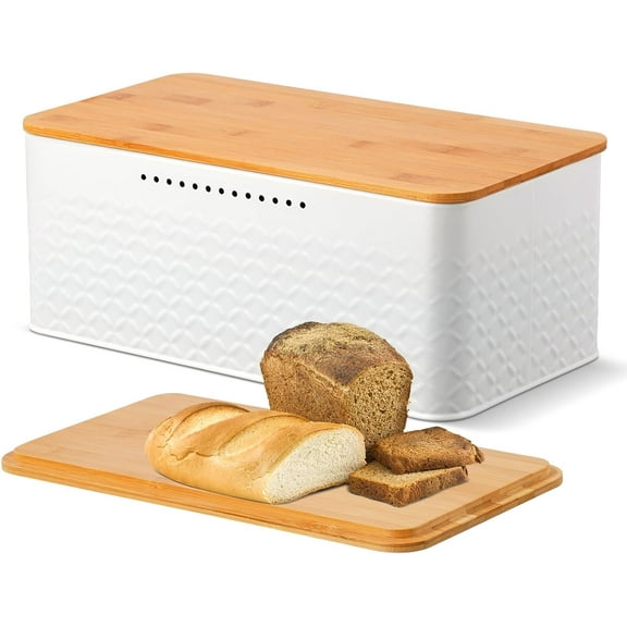 Bread Box, Metal Bread Storage Container with Bamboo Lid Usable as Cutting Board, Breadbox Holder for Kitchen Countertop, 13 x 7 x 5.3 inch (White)