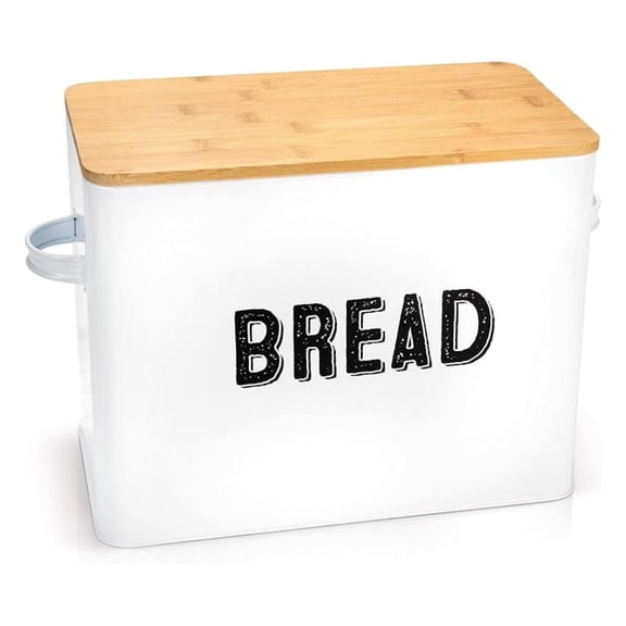 Bread Box, Metal Cake Bin w/Bamboo Wooden Lid, Space Saving Bread Box Storage Container, Compact Tin Basket for Longer and Fresher Food, Rolls