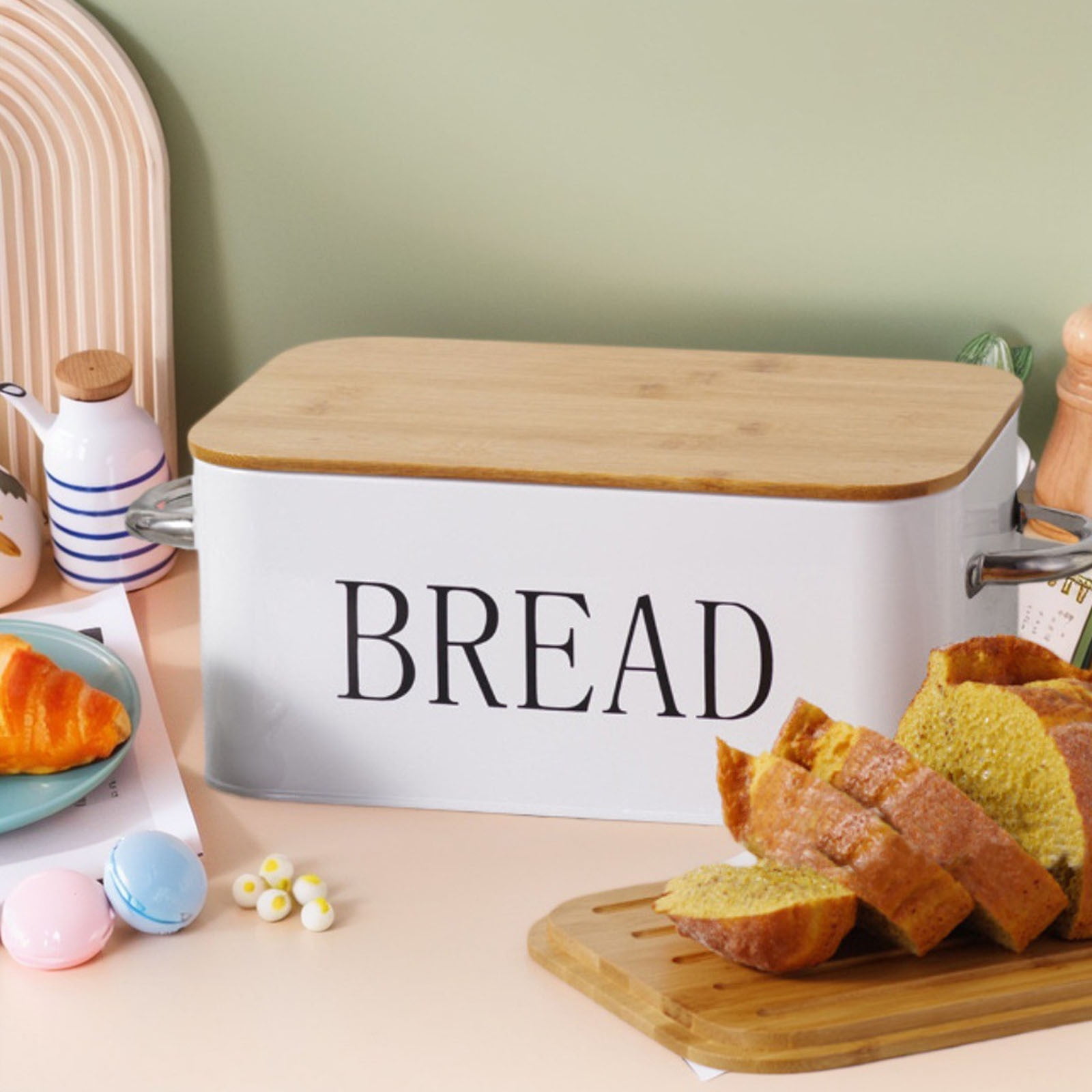 Black Metal Bread Box with Bamboo Cutting Board Lid, 13.2