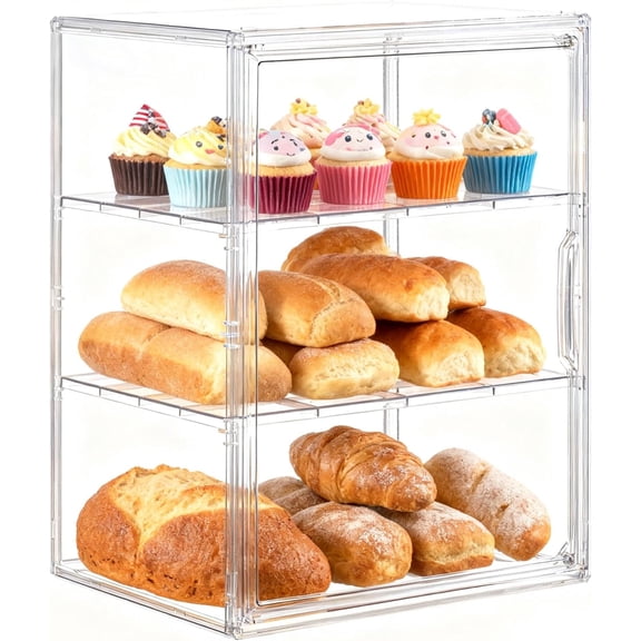 Bread Box, Pastry Display Case for Kitchen Countertop - 3-Tier Adjustable Clear Acrylic Bread Storage with Magnetic Door Closure, Counter Display for Homemade Bread, Bagels, Donuts, Muffins
